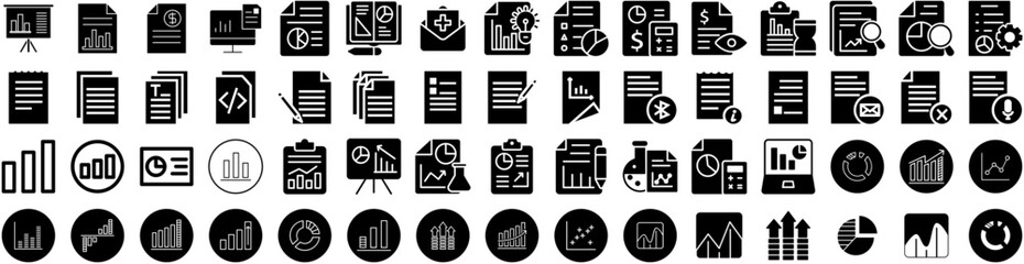 Set Of Report Icons Isolated Silhouette Solid Icon With Business, Financial, Chart, Analysis, Report, Data, Finance Infographic Simple Vector Illustration Logo