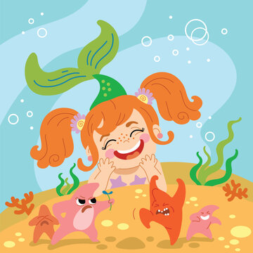 Cute Mermaid and starfishes under the sea vector illustration