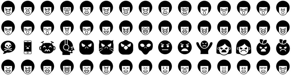 Set Of Angry Icons Isolated Silhouette Solid Icon With Cute, Isolated, Young, Angry, Emotion, Expression, Background Infographic Simple Vector Illustration Logo