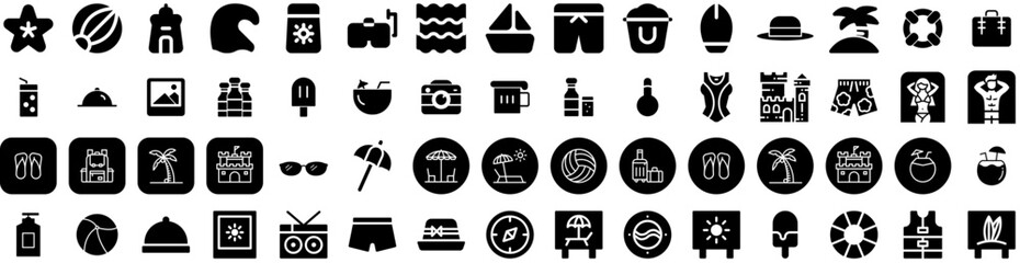 Set Of Beach Icons Isolated Silhouette Solid Icon With Relax, Ocean, Summer, Tropical, Beach, Travel, Sea Infographic Simple Vector Illustration Logo