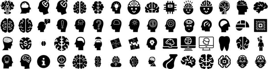 Set Of Brain Icons Isolated Silhouette Solid Icon With Human, Head, Intelligence, Brain, Idea, Science, Mind Infographic Simple Vector Illustration Logo