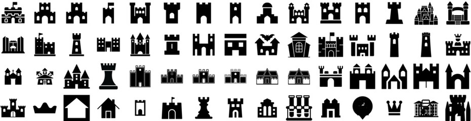 Set Of Castle Icons Isolated Silhouette Solid Icon With Medieval, Fantasy, Architecture, Castle, Old, Building, Palace Infographic Simple Vector Illustration Logo