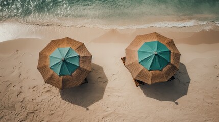 top view Two wooden loungers on the white sand, on a paradise beach. The concept of beach holidays and travel. Generative Ai.