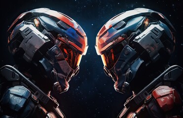 Fototapeta premium two robotic red and blue looking at each other. abstraction on the topic of technology and games. two robotic red and blue looking at each other helmets facing. 3d illustration. Generative Ai.