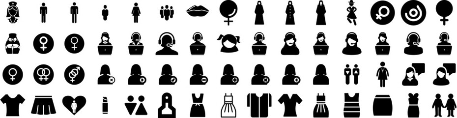 Set Of Female Icons Isolated Silhouette Solid Icon With Young, Beautiful, Woman, Female, Girl, Isolated, Person Infographic Simple Vector Illustration Logo