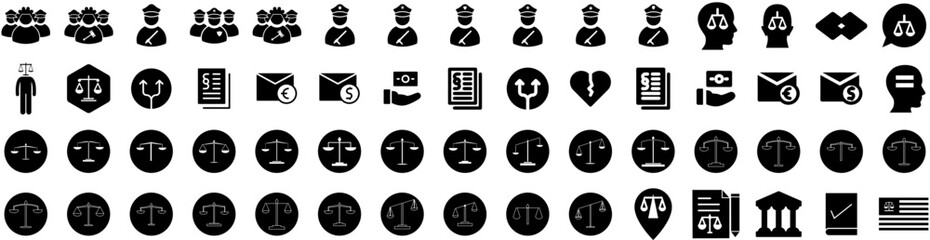 Set Of Justice Icons Isolated Silhouette Solid Icon With Balance, Lawyer, Judge, Law, Court, Legal, Justice Infographic Simple Vector Illustration Logo - obrazy, fototapety, plakaty
