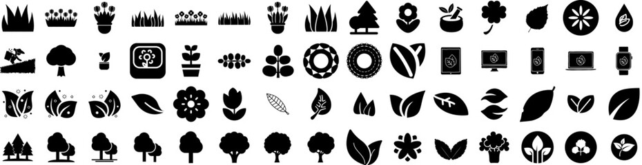 Set Of Leaves Icons Isolated Silhouette Solid Icon With Tree, Green, Isolated, Plant, Nature, Leaf, Foliage Infographic Simple Vector Illustration Logo