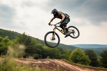 Fototapeta na wymiar Professional bike rider jumping during downhill ride on his bicycle