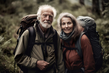 Fototapeta premium Beautiful seniors couple. Old people are hiking. Active retirement. Positive aging. Pensioners are joying walking outdoors and nature. Cool senior. Generative AI.