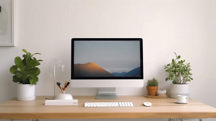 Blank screen desktop computer in minimal office room with decorations and copy space. Generative Ai