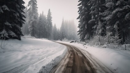 Obraz premium Snowy and frozen mountain road in winter landscape. Generative Ai.