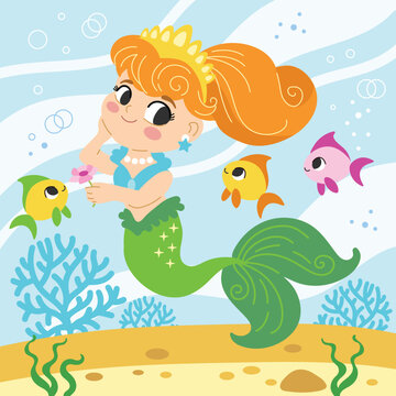 Cartoon mermaid under the sea vector illustration