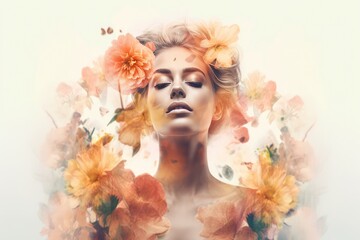 Double exposition. Portrait of a beautiful girl with flowers. Beauty, fashion. AI generative image.