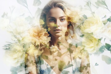 Double exposition. Portrait of a beautiful girl with flowers. Beauty, fashion. AI generative image.