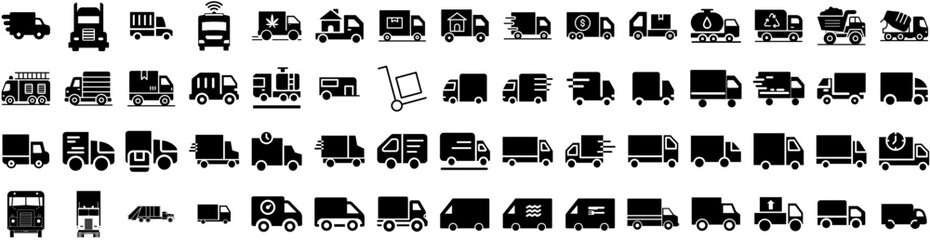 Fototapeta na wymiar Set Of Truck Icons Isolated Silhouette Solid Icon With Shipping, Truck, Transportation, Cargo, Delivery, Transport, Freight Infographic Simple Vector Illustration Logo