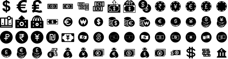 Set Of Currency Icons Isolated Silhouette Solid Icon With Cash, Payment, Currency, Money, Exchange, Business, Finance Infographic Simple Vector Illustration Logo