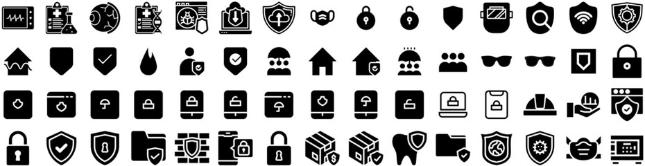 Set Of Protection Icons Isolated Silhouette Solid Icon With Protection, Concept, Safety, Protect, Secure, Shield, Technology Infographic Simple Vector Illustration Logo