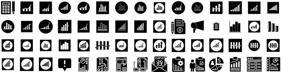 Set Of Report Icons Isolated Silhouette Solid Icon With Chart, Finance, Data, Report, Analysis, Financial, Business Infographic Simple Vector Illustration Logo