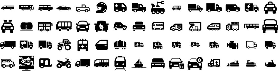 Set Of Vehicle Icons Isolated Silhouette Solid Icon With Battery, Power, Technology, Vehicle, Car, Auto, Transport Infographic Simple Vector Illustration Logo