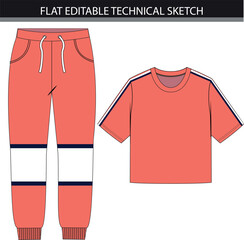 Colorblock sweatpants with crop top flat editable technical sketch