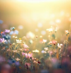 Beautiful light field with grass and flowers of different colors, soft light, wallpaper, desktop