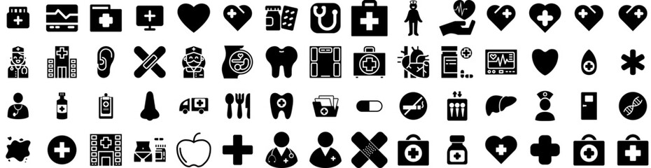 Set Of Health Icons Isolated Silhouette Solid Icon With People, Mental, Care, Symbol, Health, Concept, Medicine Infographic Simple Vector Illustration Logo