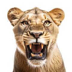 lioness angry isolated on white - obrazy, fototapety, plakaty