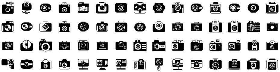 Set Of Photography Icons Isolated Silhouette Solid Icon With Technology, Photography, Camera, Photo, Photographer, Equipment, Lens Infographic Simple Vector Illustration Logo