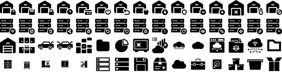Set Of Storage Icons Isolated Silhouette Solid Icon With Industrial, Unit, System, Container, Storage, Technology, Business Infographic Simple Vector Illustration Logo