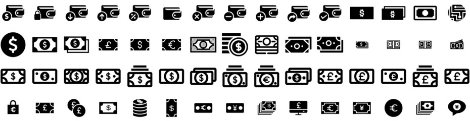 Set Of Currency Icons Isolated Silhouette Solid Icon With Finance, Money, Payment, Currency, Cash, Business, Exchange Infographic Simple Vector Illustration Logo