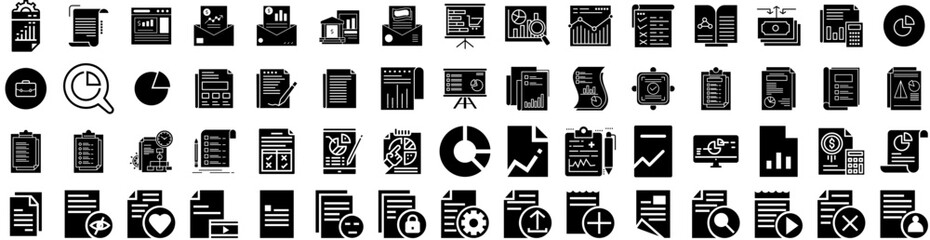 Set Of Report Icons Isolated Silhouette Solid Icon With Chart, Financial, Data, Analysis, Report, Finance, Business Infographic Simple Vector Illustration Logo