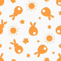 Fototapeta na wymiar Seamless pattern with orange bunny rabbit cartoons, flower and sun on white background vector illustration. Cute childish print.