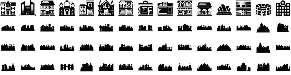 Set Of Building Icons Isolated Silhouette Solid Icon With Construction, Office, Architecture, Business, Urban, City, Building Infographic Simple Vector Illustration Logo