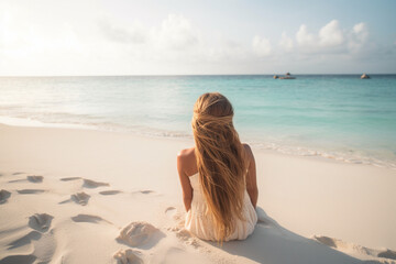 Fototapeta na wymiar rear view of Adorable teenage girl at beach during summer vacation