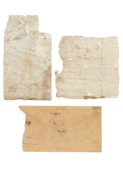torn mail envelope and two sheets of old paper
