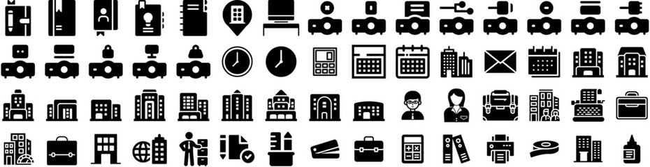 Set Of Office Icons Isolated Silhouette Solid Icon With Office, Desk, Modern, Computer, Work, Business, Table Infographic Simple Vector Illustration Logo