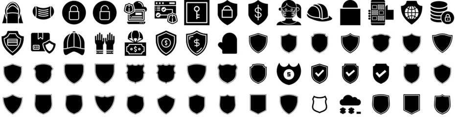 Set Of Protection Icons Isolated Silhouette Solid Icon With Protection, Protect, Secure, Safety, Technology, Shield, Concept Infographic Simple Vector Illustration Logo