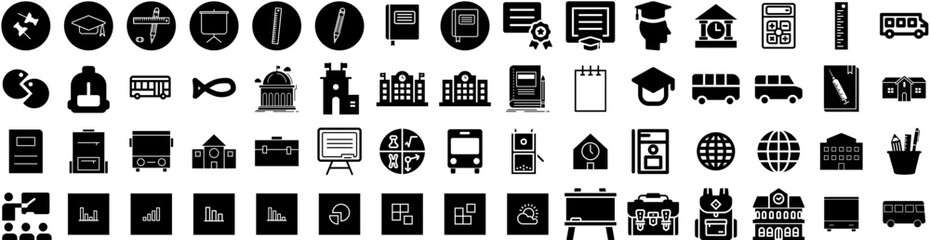 Set Of School Icons Isolated Silhouette Solid Icon With Study, Education, Concept, Back, Book, School, Student Infographic Simple Vector Illustration Logo