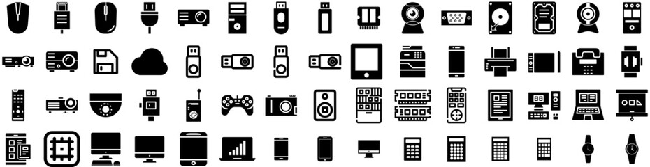 Set Of Technology Icons Isolated Silhouette Solid Icon With Digital, Tech, Network, Data, Technology, Abstract, Concept Infographic Simple Vector Illustration Logo