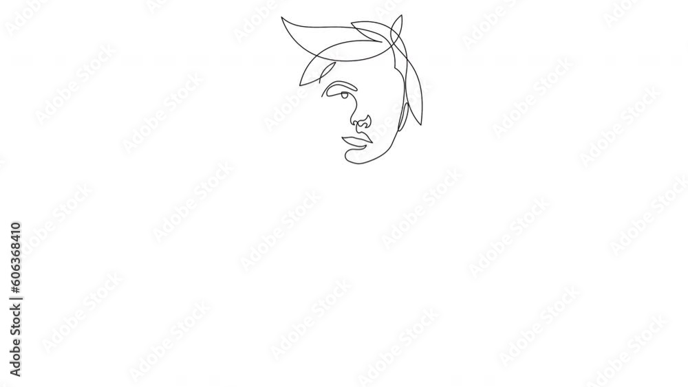 Poster self drawing animation of one line abstract face with natural leaves. animated minimalistic style be