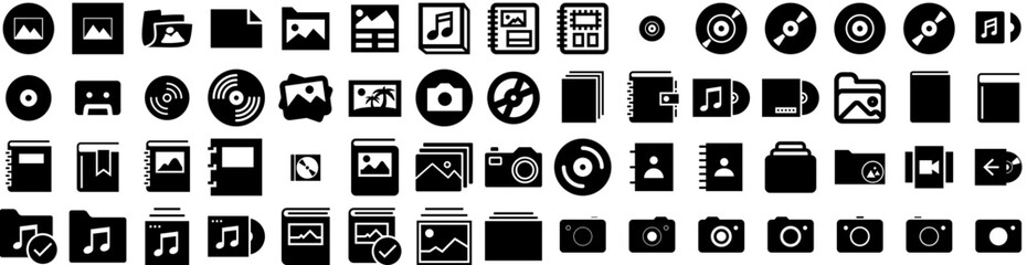 Set Of Album Icons Isolated Silhouette Solid Icon With Paper, Album, Vintage, Template, Old, Retro, Design Infographic Simple Vector Illustration Logo
