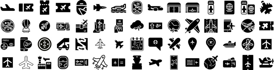 Set Of Airplane Icons Isolated Silhouette Solid Icon With Travel, Transport, Aircraft, Fly, Plane, Airplane, Flight Infographic Simple Vector Illustration Logo