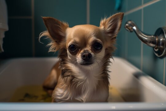 Chihuahua dog bathing in a sink