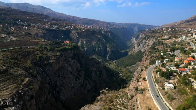 Aerial view Kadisha Valley in Lebanon. Drone shot nature landscape