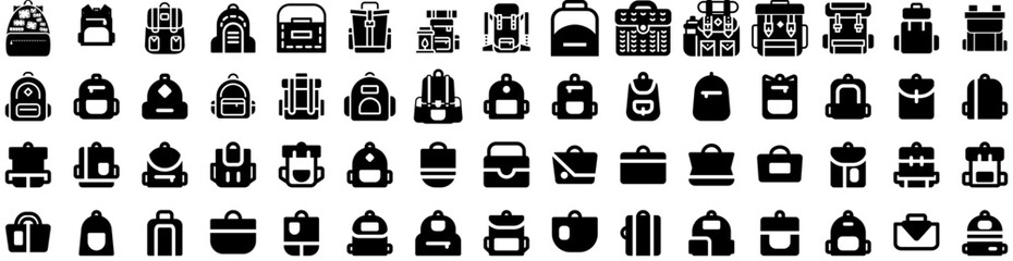 Set Of Backpack Icons Isolated Silhouette Solid Icon With Travel, Bag, Rucksack, School, Education, Backpack, Design Infographic Simple Vector Illustration Logo