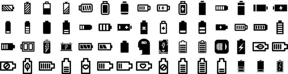 Set Of Battery Icons Isolated Silhouette Solid Icon With Industry, Electricity, Power, Battery, Technology, Energy, Electric Infographic Simple Vector Illustration Logo