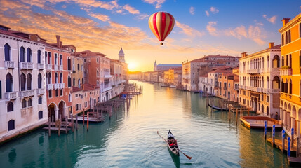 a hot air balloon floating over the colorful buildings and canals of Venice - Generative A