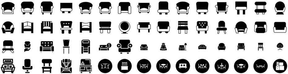 Set Of Chair Icons Isolated Silhouette Solid Icon With Isolated, Design, Furniture, Chair, Armchair, Interior, Seat Infographic Simple Vector Illustration Logo