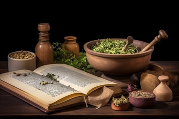 Mortar and pestle with pharmaceutical preparations's book and herbs on a wooden pharmacist table traditional medicine and pharmacy concept - obrazy, fototapety, plakaty