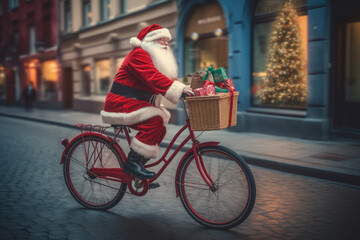 Fototapeta na wymiar Santa Claus riding a bike down the street, delivering presents for Christmas. AI generative.